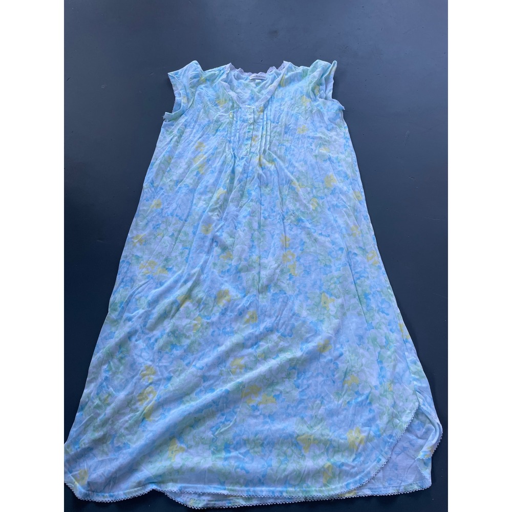 Miss Elaine Floral Nightgown Blue Yellow Lace Trim Sleep Dress 503412 L